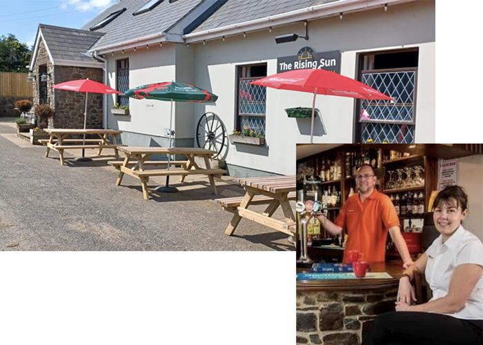 Exterior of The Rising Sun alongside a photo of Gethin and Andrea Bateman